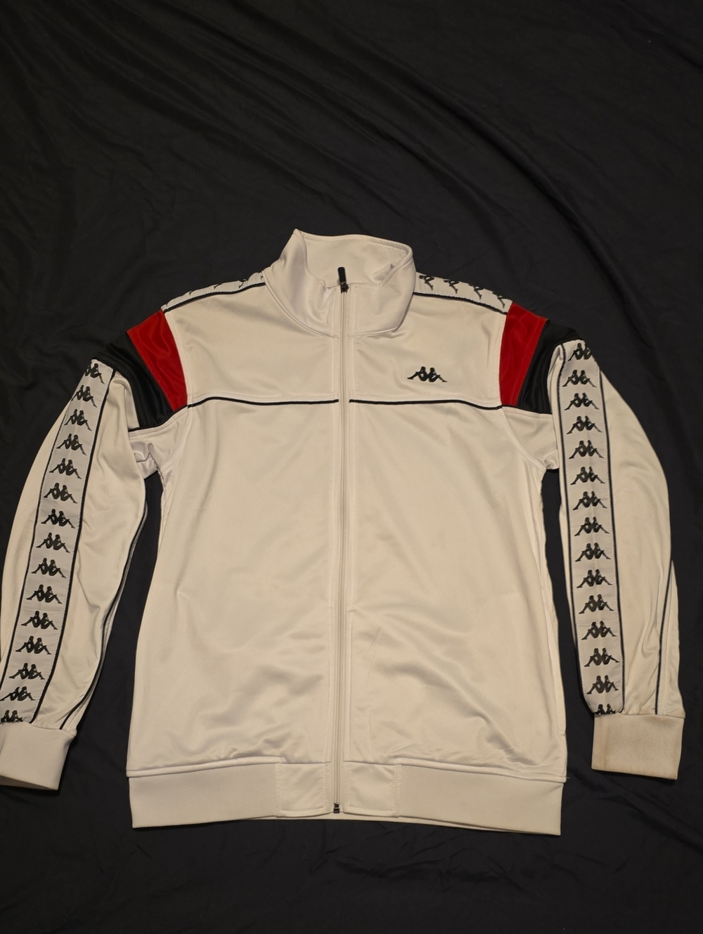Kappa White Track Jacket with Red Shoulder Panels and Black Sleeve Logos